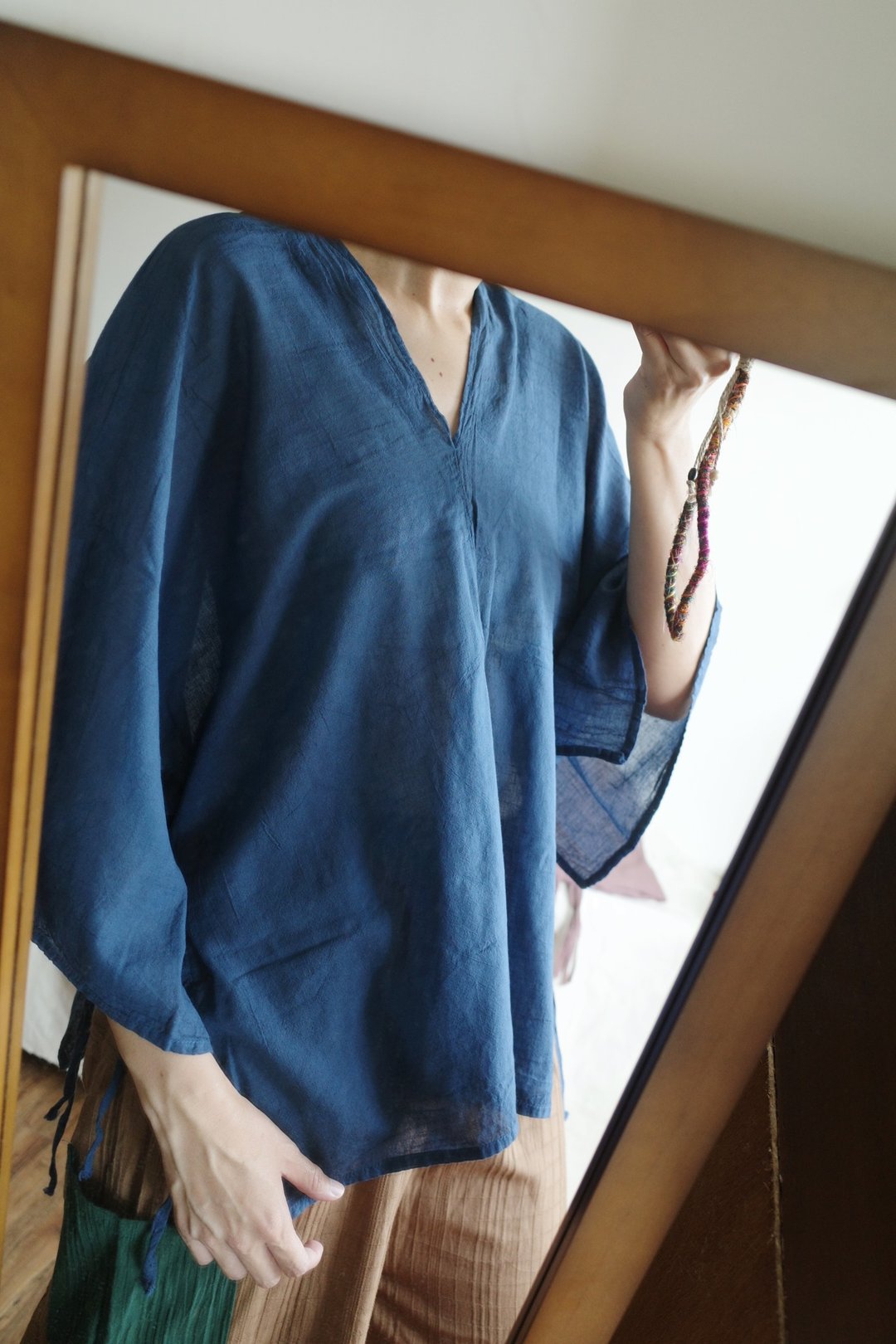 泰国纯棉侧边绑带宽袖上衣 蓝色 - 女装上衣 - 棉 