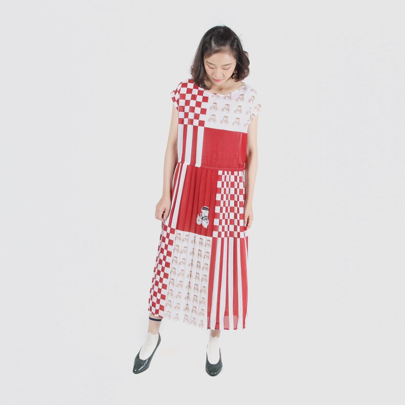 【蛋植物古着】红砖马车印花半袖古着洋装 - 洋装/连衣裙 - 聚酯纤维 红色