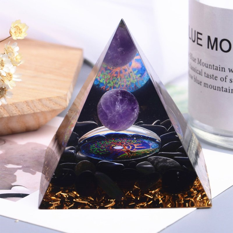 金字塔奥根塔Orgonite塔/脉轮/辟邪/冥想/能量紫水晶黑曜石 - 摆饰 - 树脂 