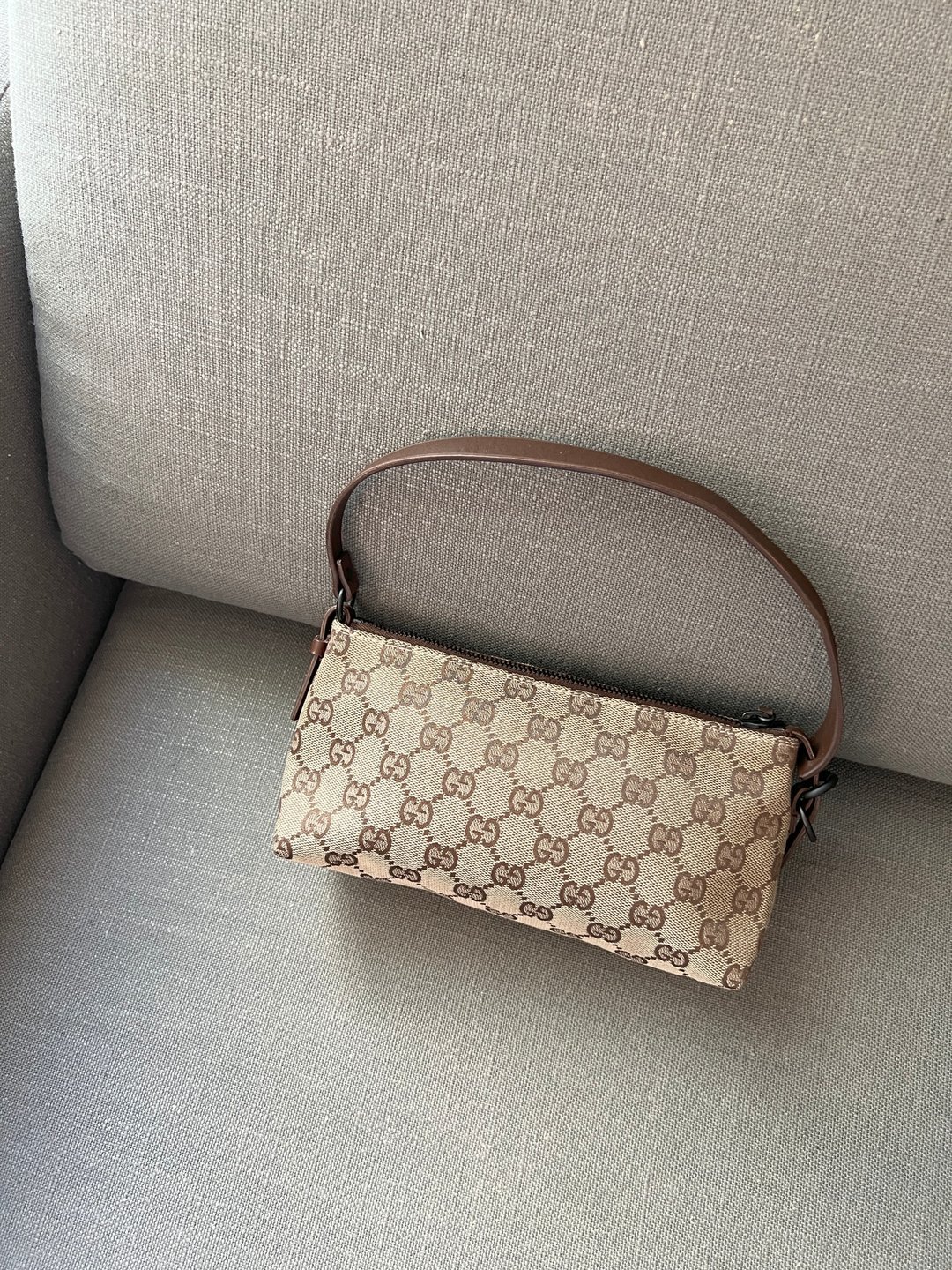 Gucci皮革手柄啡色老花手提肩背侧肩袋 日本中古Vintage - 侧背包/斜挎包 - 其他材质 咖啡色