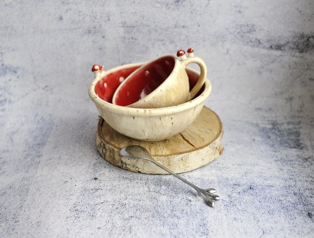Handmade ceramics dinnerware set - mushroom cup and bowl, breakfast set. - 碗 - 陶 红色