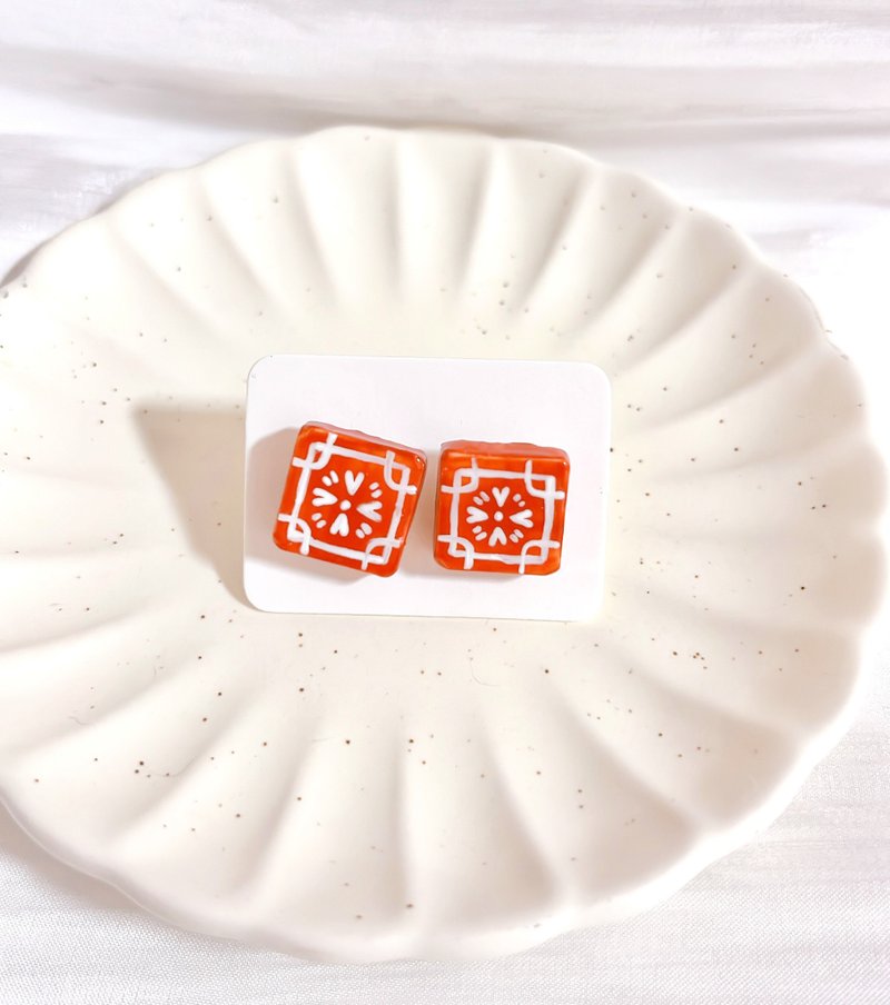 复古红花砖耳环 - 耳环/耳夹 - 其他材质 红色
