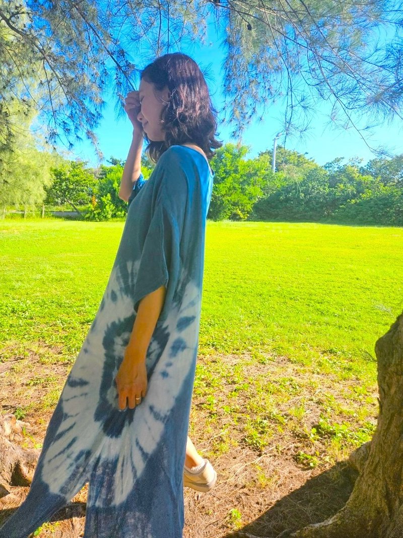 日式气质感 | 浪漫同心圆魅力连身长洋装 - 洋装/连衣裙 - 棉．麻 蓝色