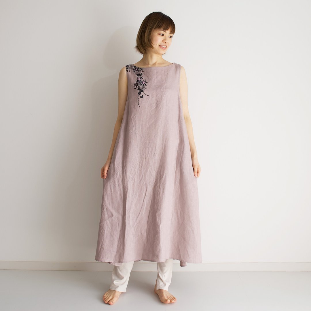 Long dress dull pink underwater plant - 洋装/连衣裙 - 棉 粉红色