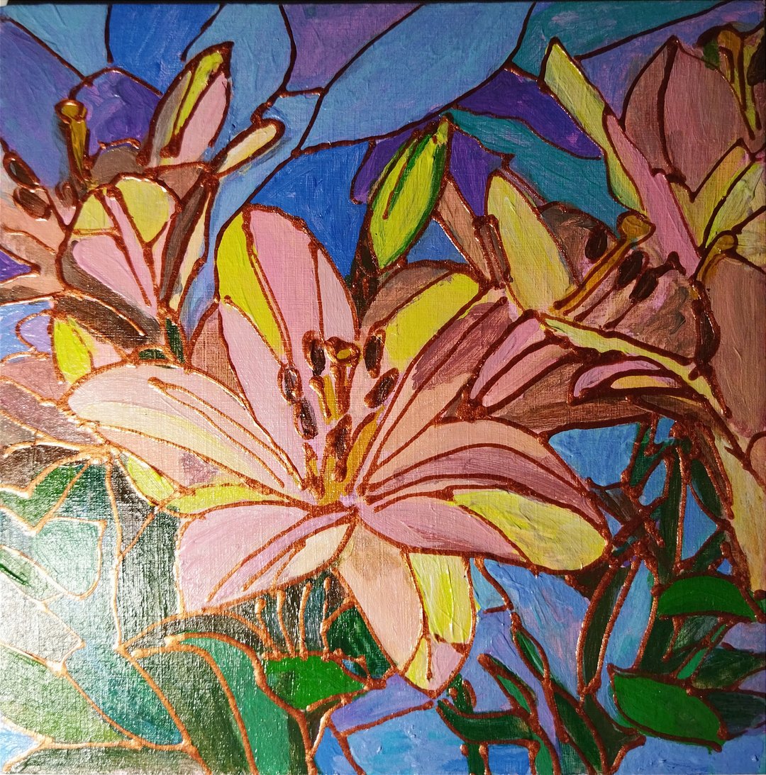 黄色百合花小油画 - 墙贴/壁贴 - 纸 粉红色