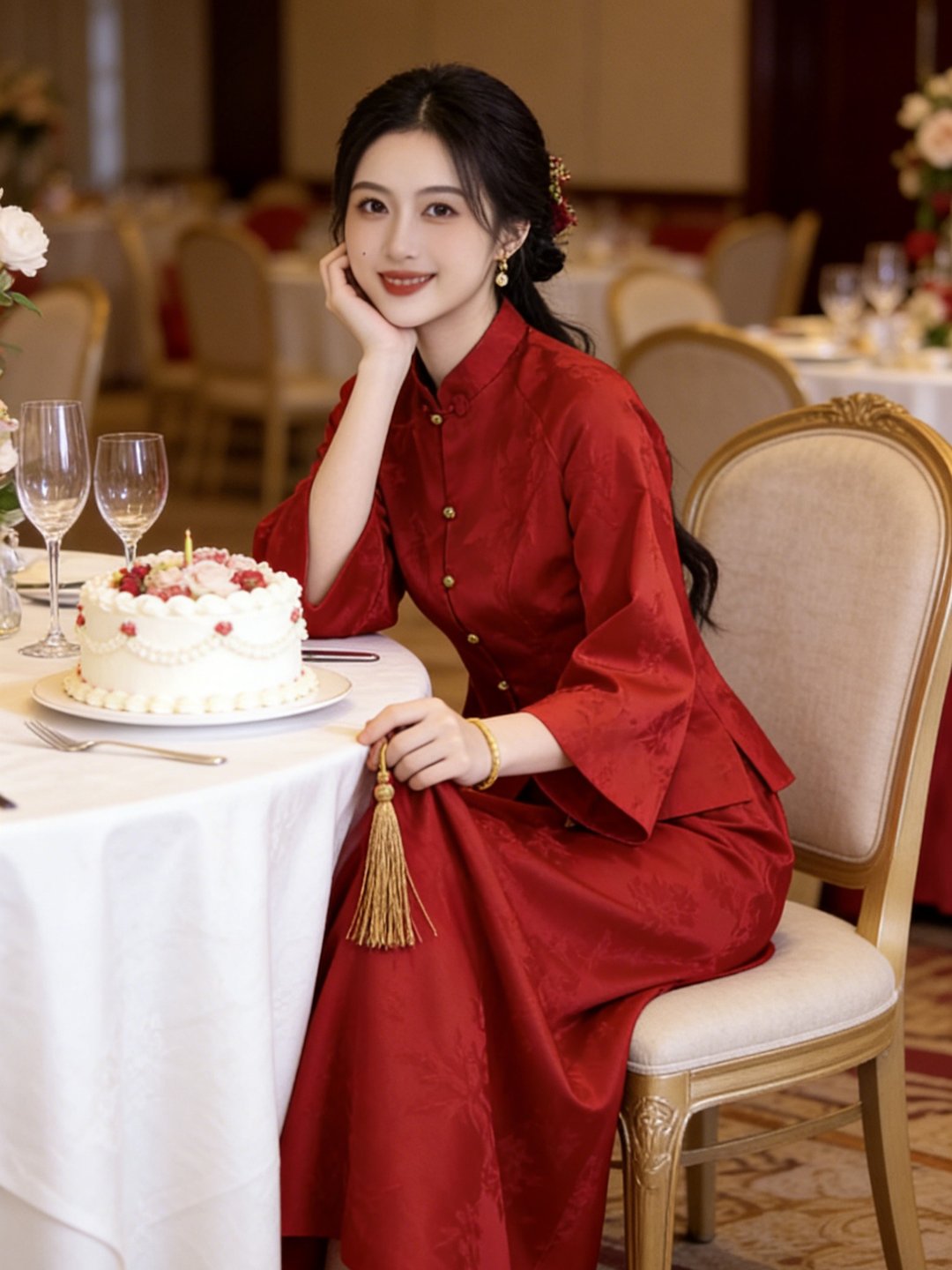 紅色 新中式立領盤扣套裝 新娘回門便裝 結婚訂婚套裝禮服 - 旗袍 - 其他人造纤维 红色