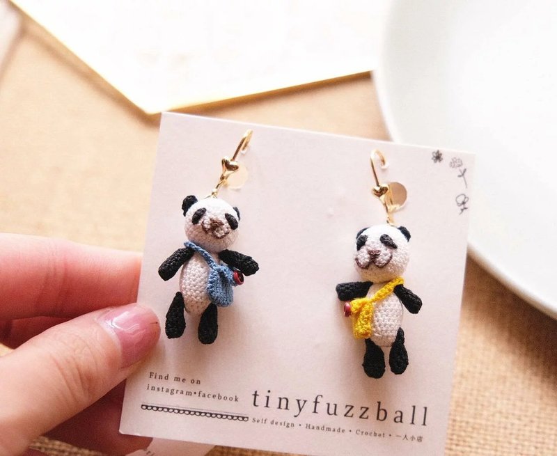 鈎针编织编织 熊猫耳环 - 耳环/耳夹 - 棉．麻 