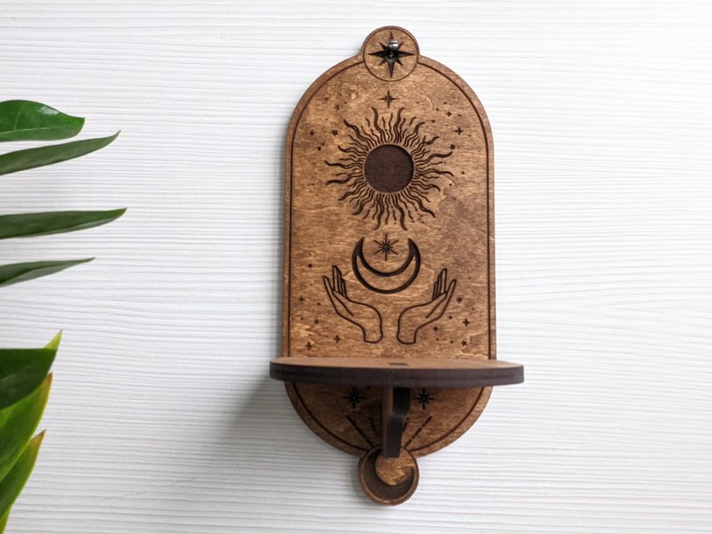 Small wooden sun and moon shelf display for magic things - 摆饰 - 木头 咖啡色