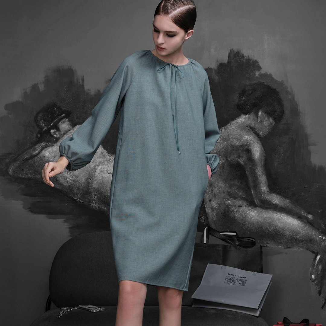 收合泡泡袖羊毛洋装 - 洋装/连衣裙 - 羊毛 绿色