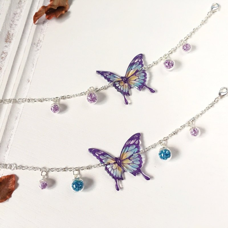 *Haku·Neko* 手绘紫色纹理蓝橙色波浪纹燕尾蝶玻璃小球手链 手錬 礼物 <两款配色选> - 手链/手环 - 塑料 紫色