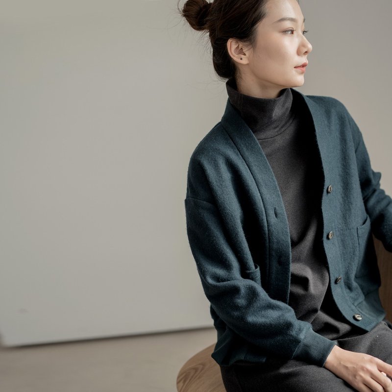 針葉樹綠 羊毛呢輕便基礎通勤開衫 O190547 - 女装针织衫/毛衣 - 羊毛 绿色