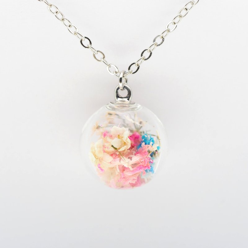 “爱家作-OMYWAY”DIY 手工制作 干花 押花 复古 萤光蓝 萤光粉红 白色 满天星 小雪球玻璃球 颈链 Dried Flower Necklace - Glass Globe Necklace 1.4cm - 颈链 - 玻璃 透明