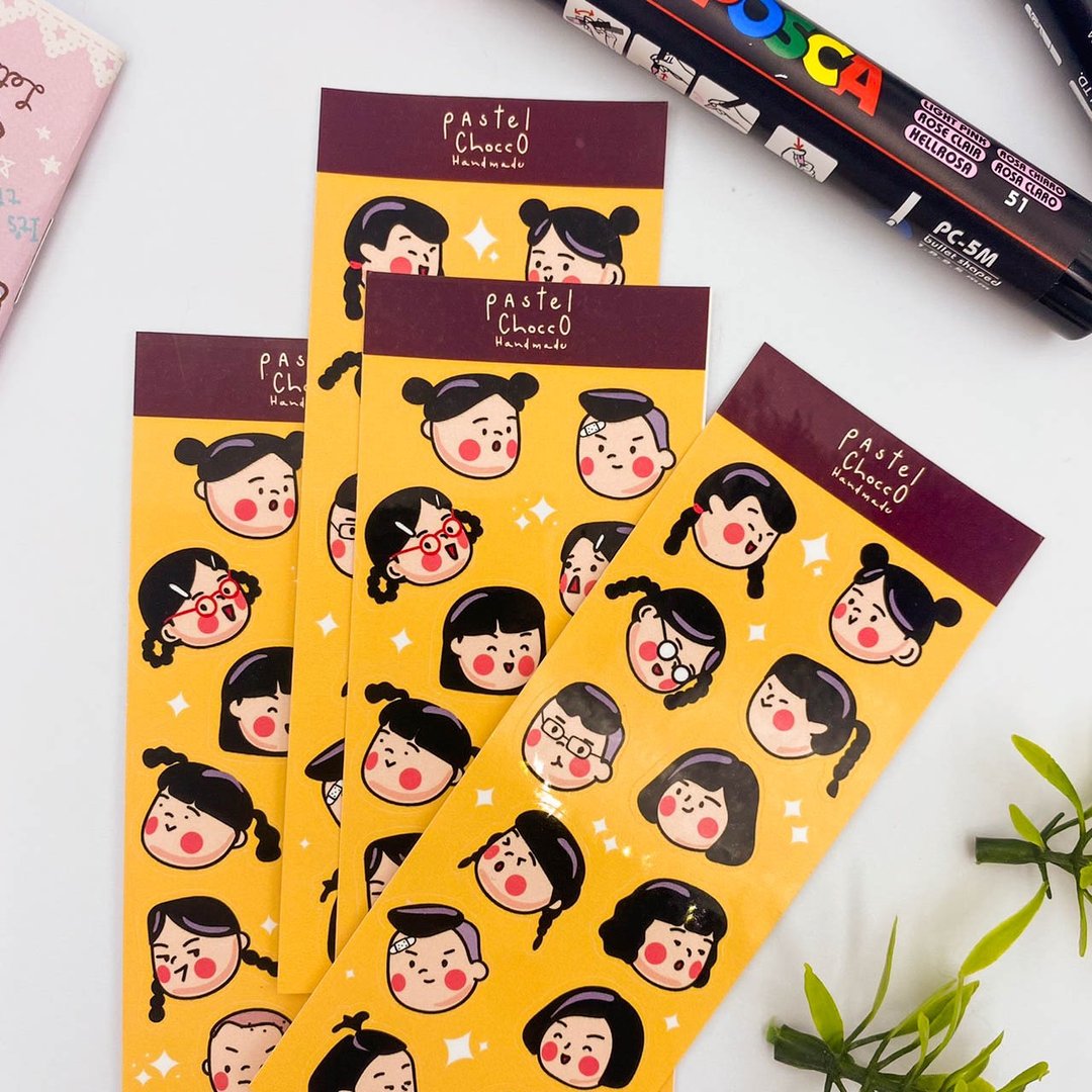 PP sticker sheet cute kids student face decorate planner sticker - 贴纸 - 防水材质 橘色