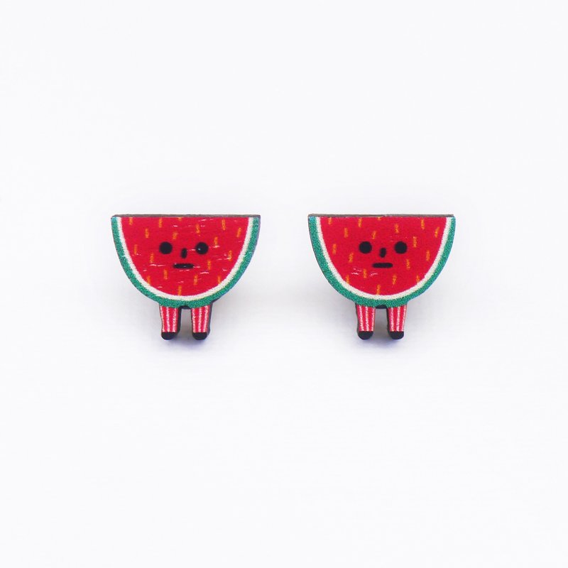 Mr. Watermelon 西瓜先生木制耳环 原创插画耳环 耳针无耳洞耳 - 耳环/耳夹 - 木头 红色