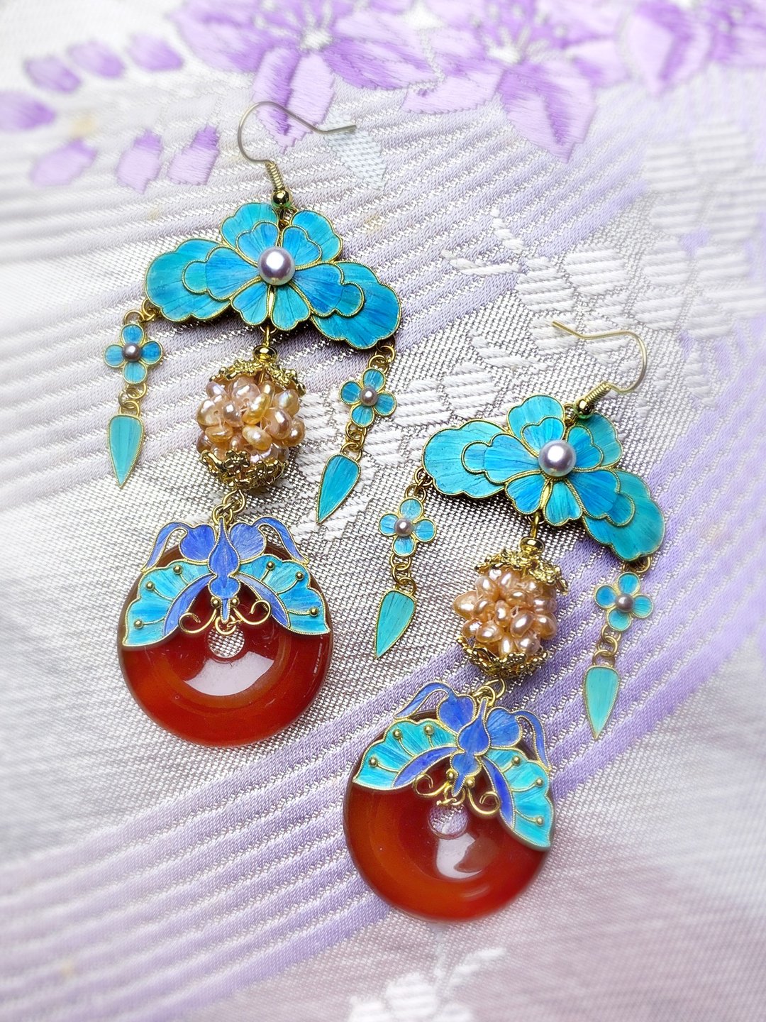 【手作孤品】银镀金点翠工艺 蝶恋花辑珠耳环 可改为耳夹 - 耳环/耳夹 - 银 蓝色
