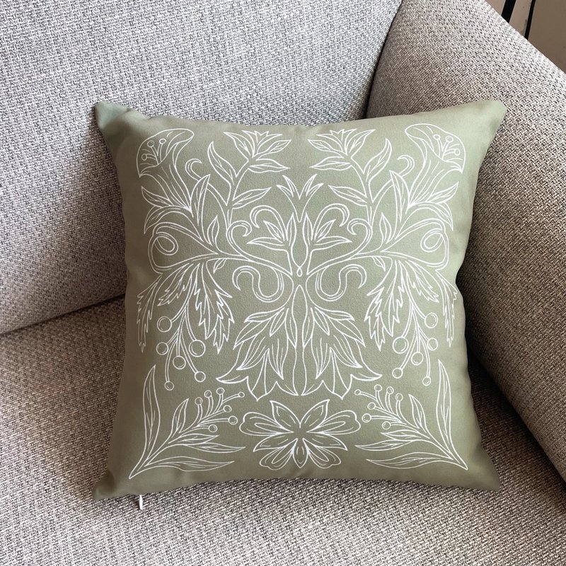 漫步植物园系列 / 茶色系花草图纹抱枕套(抹茶拿铁绿) - 枕头/抱枕 - 聚酯纤维 绿色