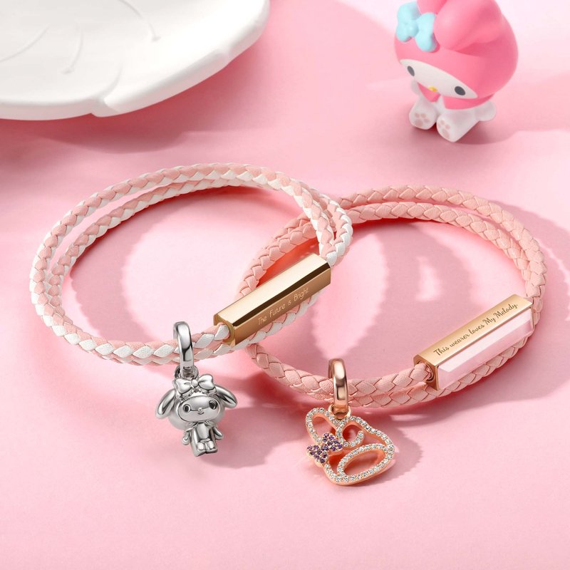 My Melody 特别版 定制化刻字 编织皮革/宝石手环 (6 色) - 手链/手环 - 真皮 粉红色