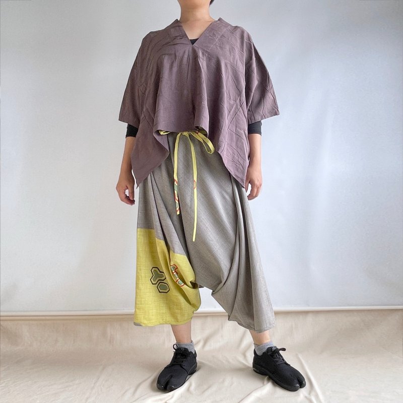 【独一无二】三角裤 - 羊毛和服布料 黄绿色 絣纹 变形龟甲纹 & 羊毛西装布料 灰色 - 中性裤装 - 羊毛 黄色