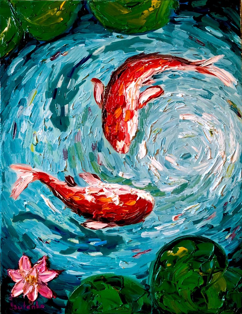 Koi Fish Painting Original Art Fish Artwork Animal Wall Art Koi Oil Painting - 海报/装饰画/版画 - 其他材质 蓝色