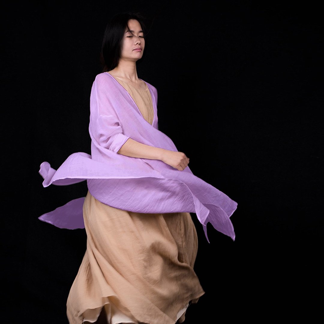 紫色纯麻罩衫 防晒 玛瑙扣 宽松 百搭 - 女装衬衫 - 棉 