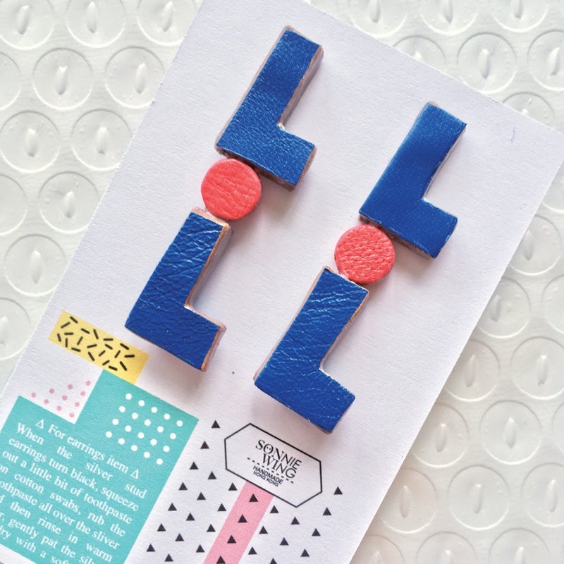 节日礼物 LoL配色皮革耳环 纯银耳针 - 耳环/耳夹 - 真皮 蓝色