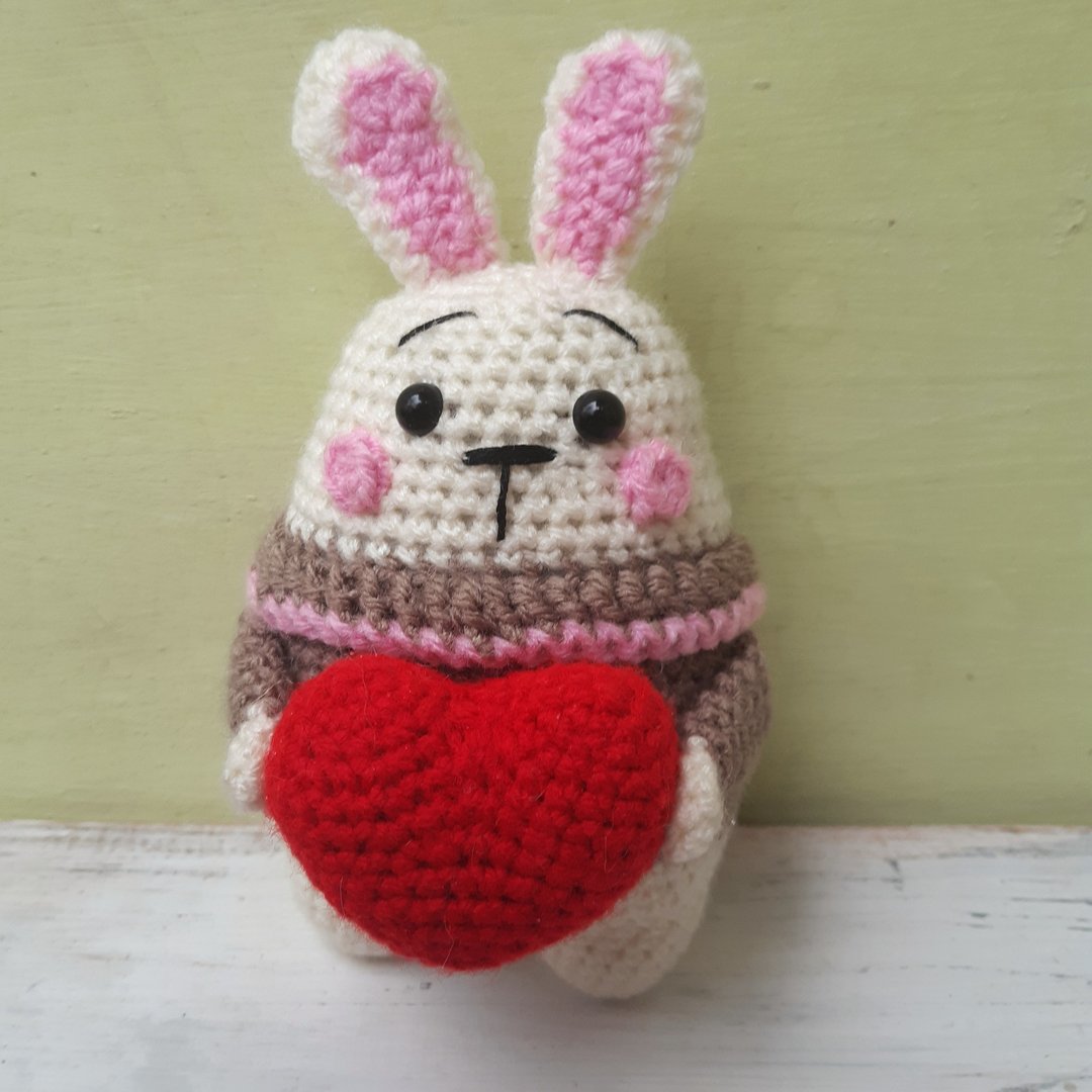 Hand Crochet Softy Bunny With Heart Stuffed Toys Animals Gift For Him For Her - 玩具/玩偶 - 压克力 咖啡色