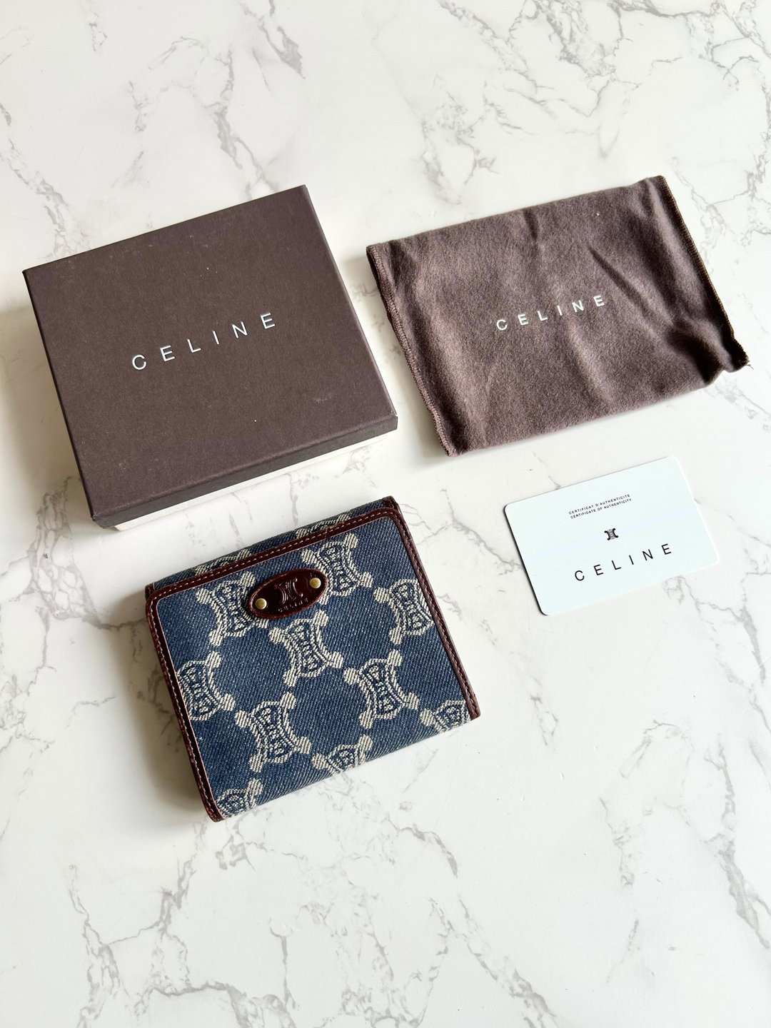 绝版古董包 Celine 牛仔蓝凯旋门短夹 银包 皮夹 中古包 二手包 - 侧背包/斜挎包 - 真皮 蓝色