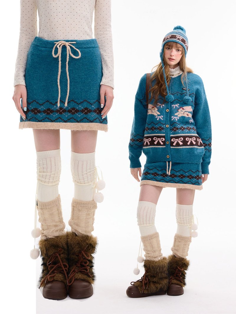 ziziFei秋冬季复古设计感费尔岛高腰显瘦a字蓝绿色针织半身短裙女 - 裙子 - 其他材质 