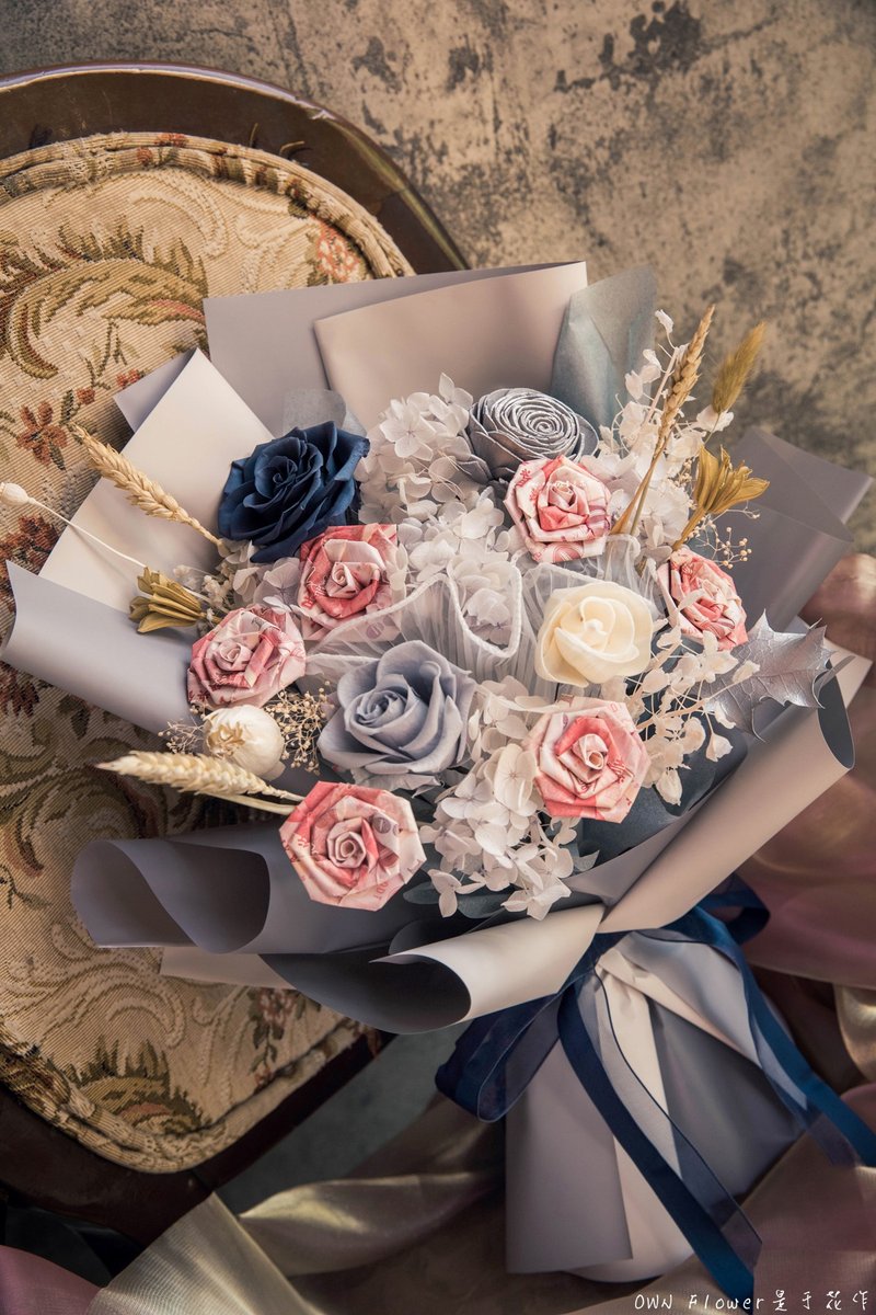 雾蓝灰/钞票花束/有钱花/纸钞花束/钱花花束/生日礼物/情人节礼物 - 干燥花/捧花 - 植物．花 蓝色