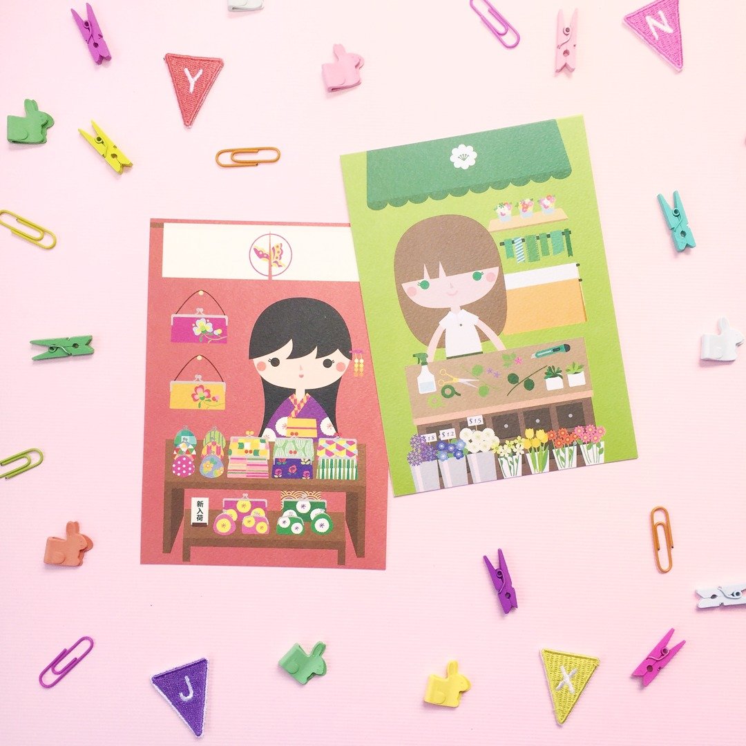 [女孩与她的店] mika 的包包店 + lily 的花店 - 明信片组 - 卡片/明信片 - 纸 多色