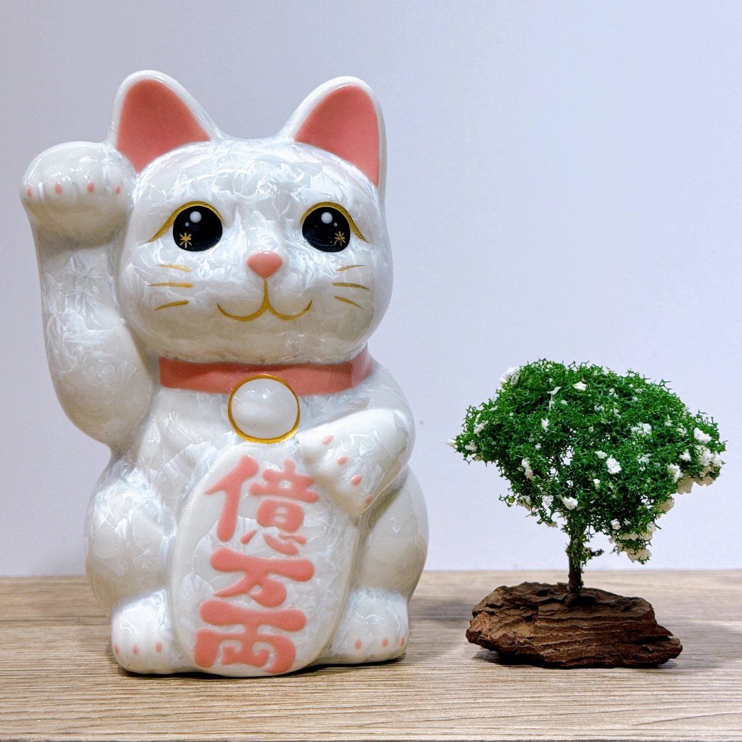 【霜华富贵】日本清水烧招财猫 | 花结晶 白 亿万両 右 - 摆饰 - 瓷 白色