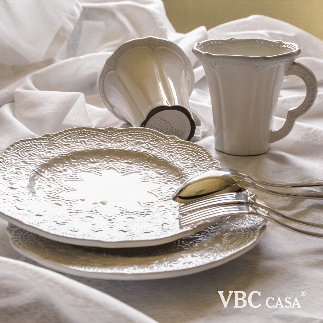 【优惠套组】意大利VBC casa手工浮雕蕾丝系列双人午茶8件组(3色) - 盘子/餐盘/盘架 - 陶 多色