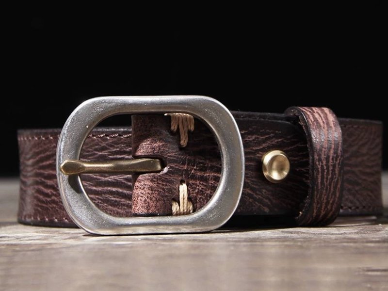 手工真皮女士皮带不锈钢扣头复古腰带牛仔裤百搭棕色皮带 - 皮带/腰带 - 真皮 咖啡色