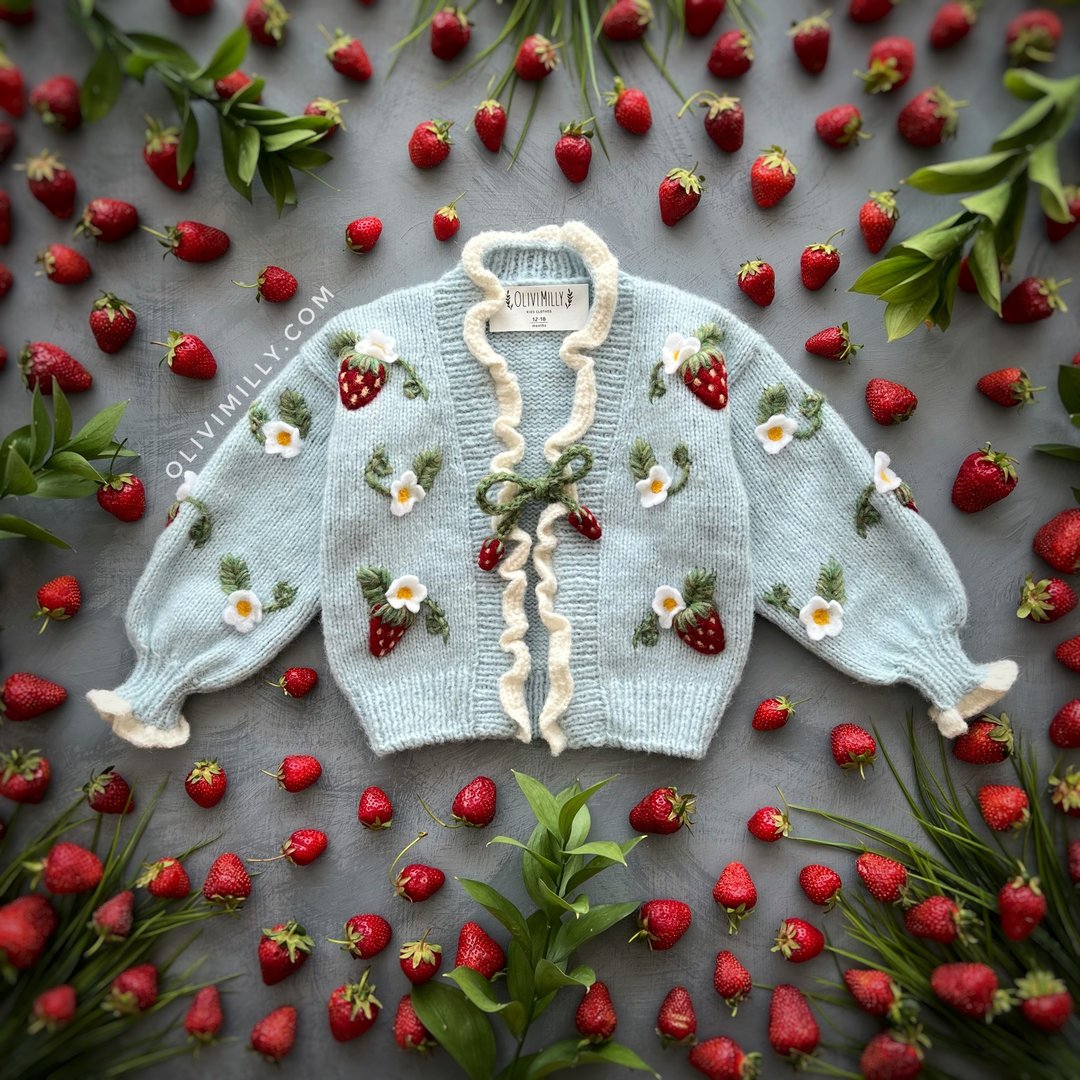 Strawberries Cardigan, Knitting cardigan, Kids cardigan, baby clothes, kids - 其他 - 羊毛 蓝色