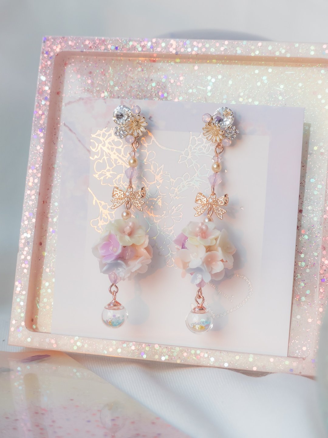 (Sold-out)仙子后花园水晶球两用925纯银镀玫瑰金花球耳环 - 耳环/耳夹 - 粘土 粉红色