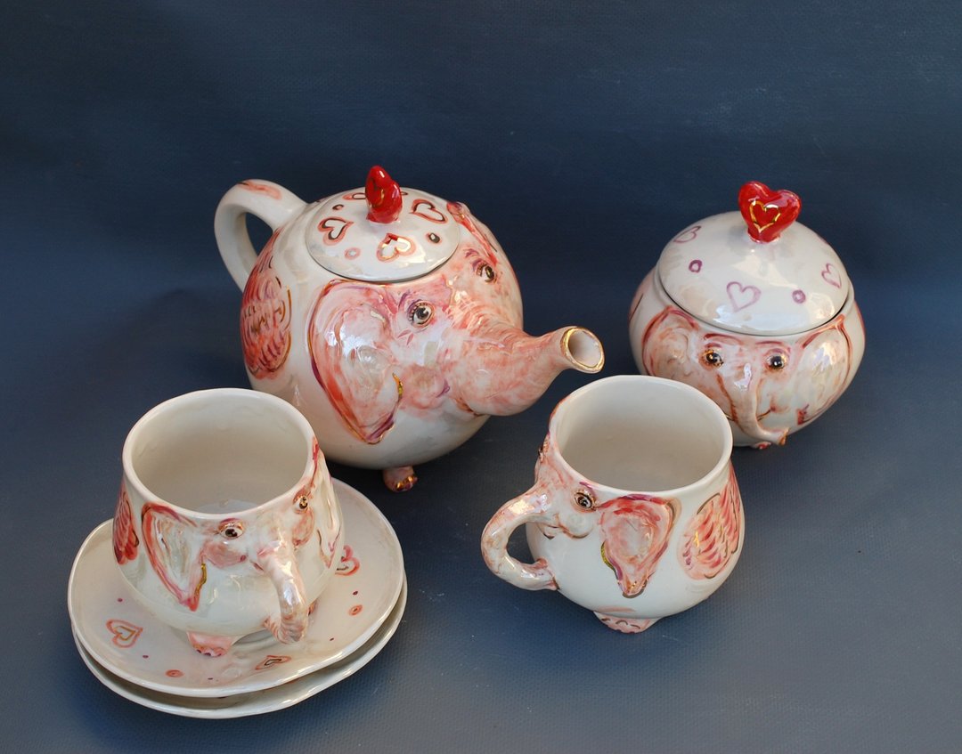 手工茶具粉红大象快乐家庭茶壶糖碗茶杯 - 茶具/茶杯 - 瓷 多色
