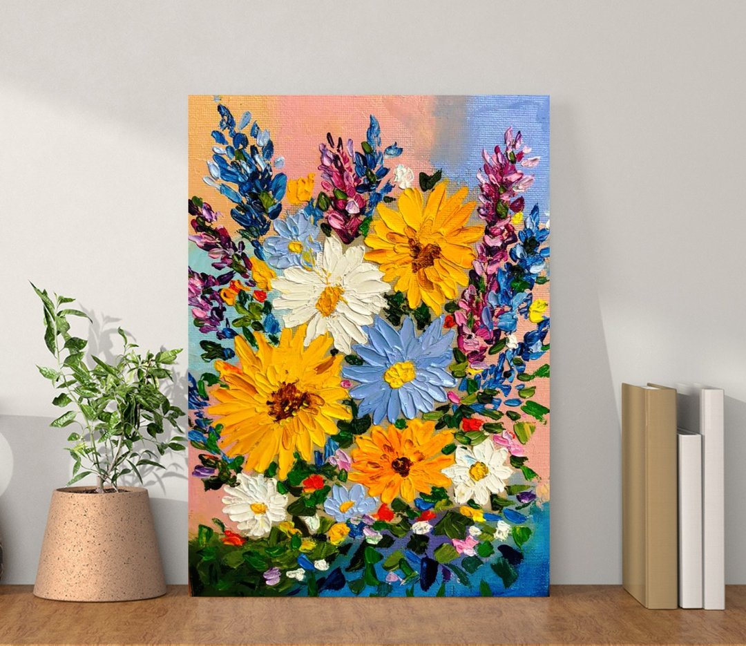 油画鲜艳的花朵洋甘菊向日葵Impasto艺术微型18x24厘米 - 墙贴/壁贴 - 其他金属 多色