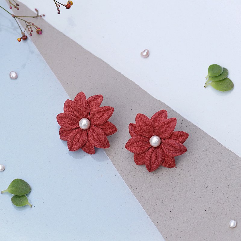 Sophia 气质砖红花珍珠耳环 - 耳环/耳夹 - 其他材质 红色