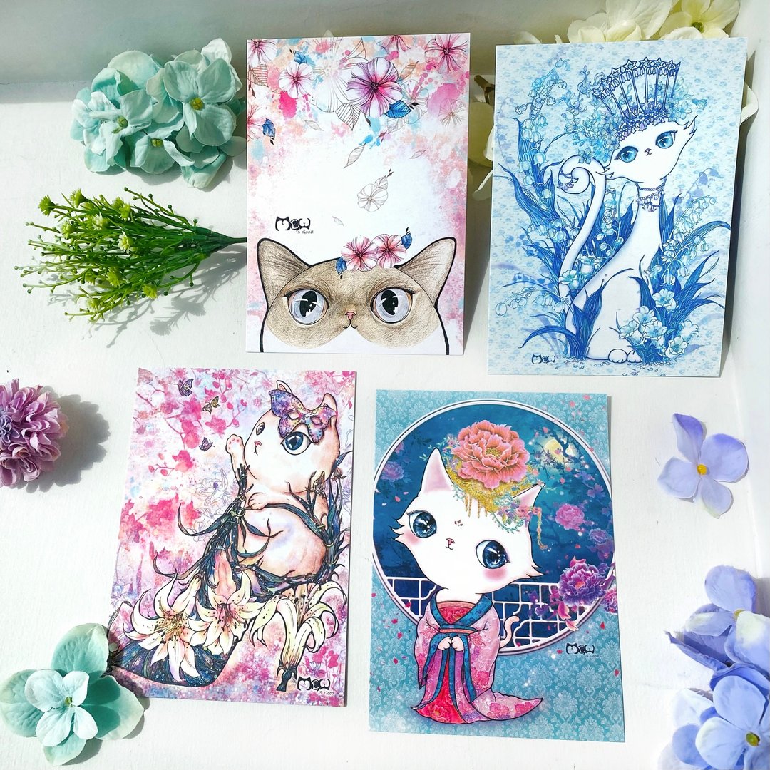 明信片 | 双面插画 - 花花猫系列 4 款任选 - 卡片/明信片 - 纸 多色