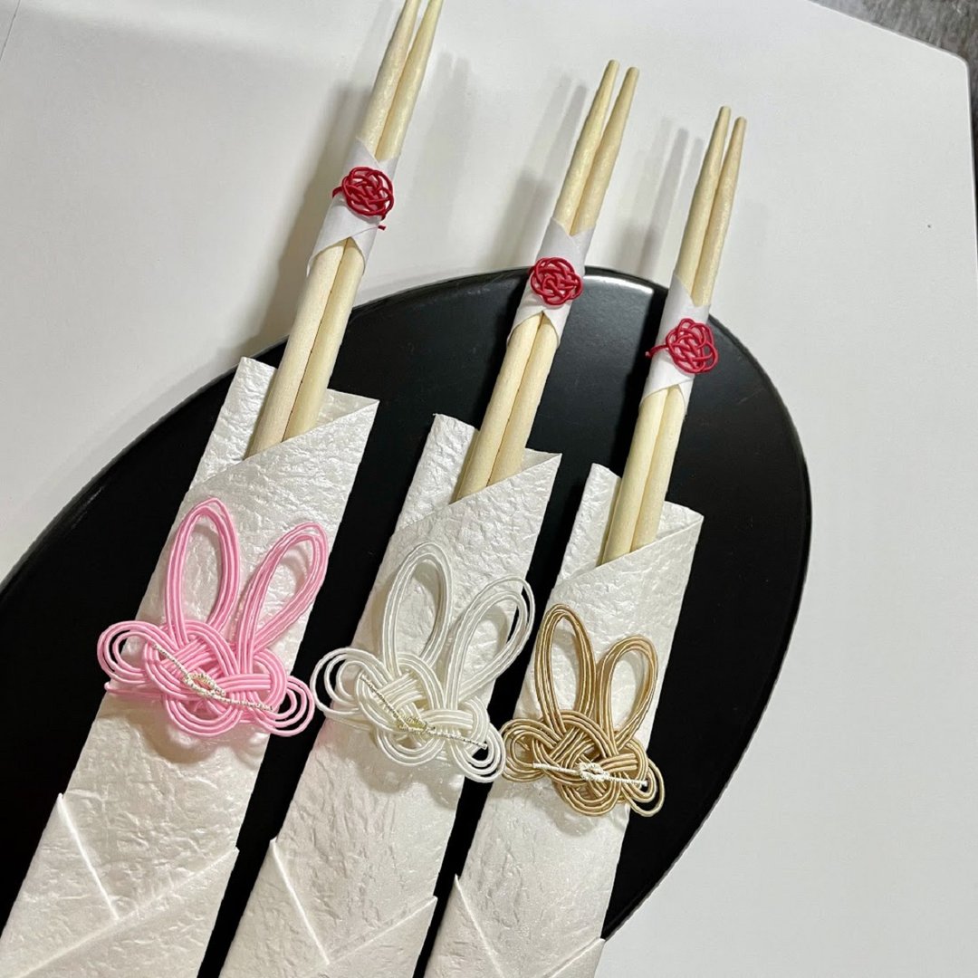 [日本传统] mizuhiki 兔子图案庆祝筷子 3 件套成人和儿童*Mizuhiki 结成关系* - 筷子/筷架 - 纸 粉红色