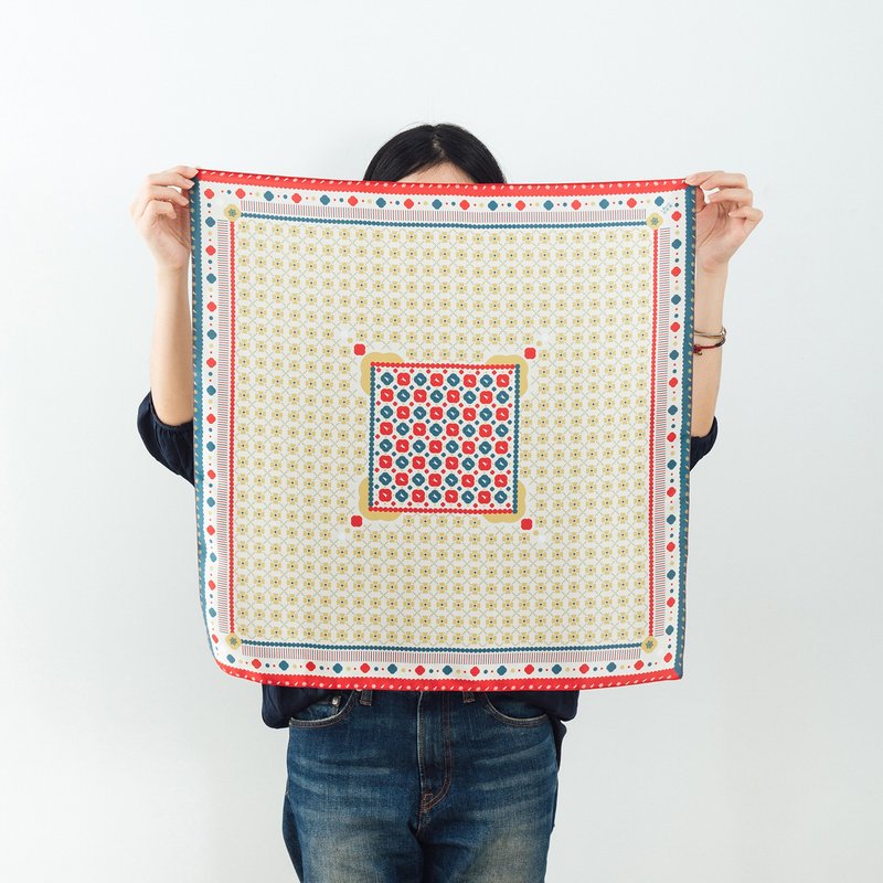 印花丝巾-60x60/杂花/马赛克磁砖/红蓝 - 丝巾 - 聚酯纤维 多色