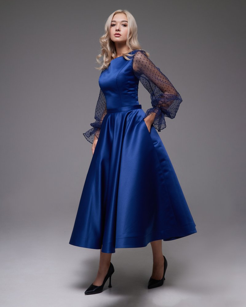 手工蕾丝婚纱、长袖礼服、蓝色茶歇裙婚纱 - 晚装/礼服 - 其他材质 蓝色