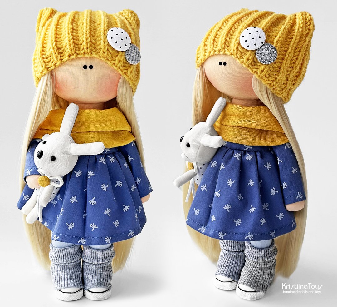 READY TO SHIP Handmade textile doll Interior doll Exclusive doll Denim dress - 玩偶/公仔 - 其他材质 蓝色