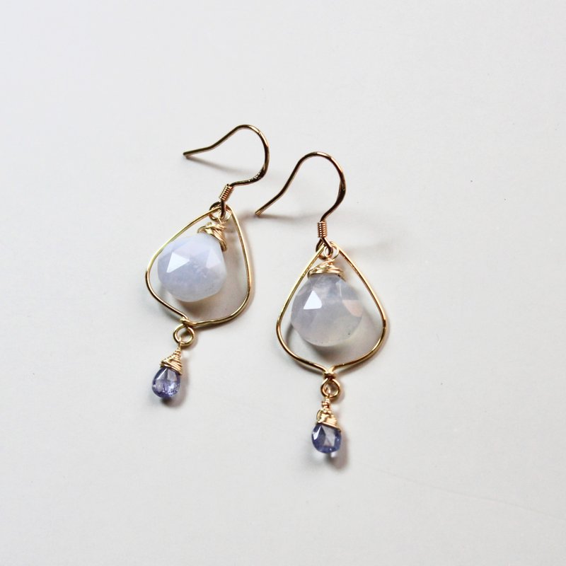 蓝纹玛瑙 丹泉石 925银耳勾 耳环 - 耳环/耳夹 - 半宝石 蓝色