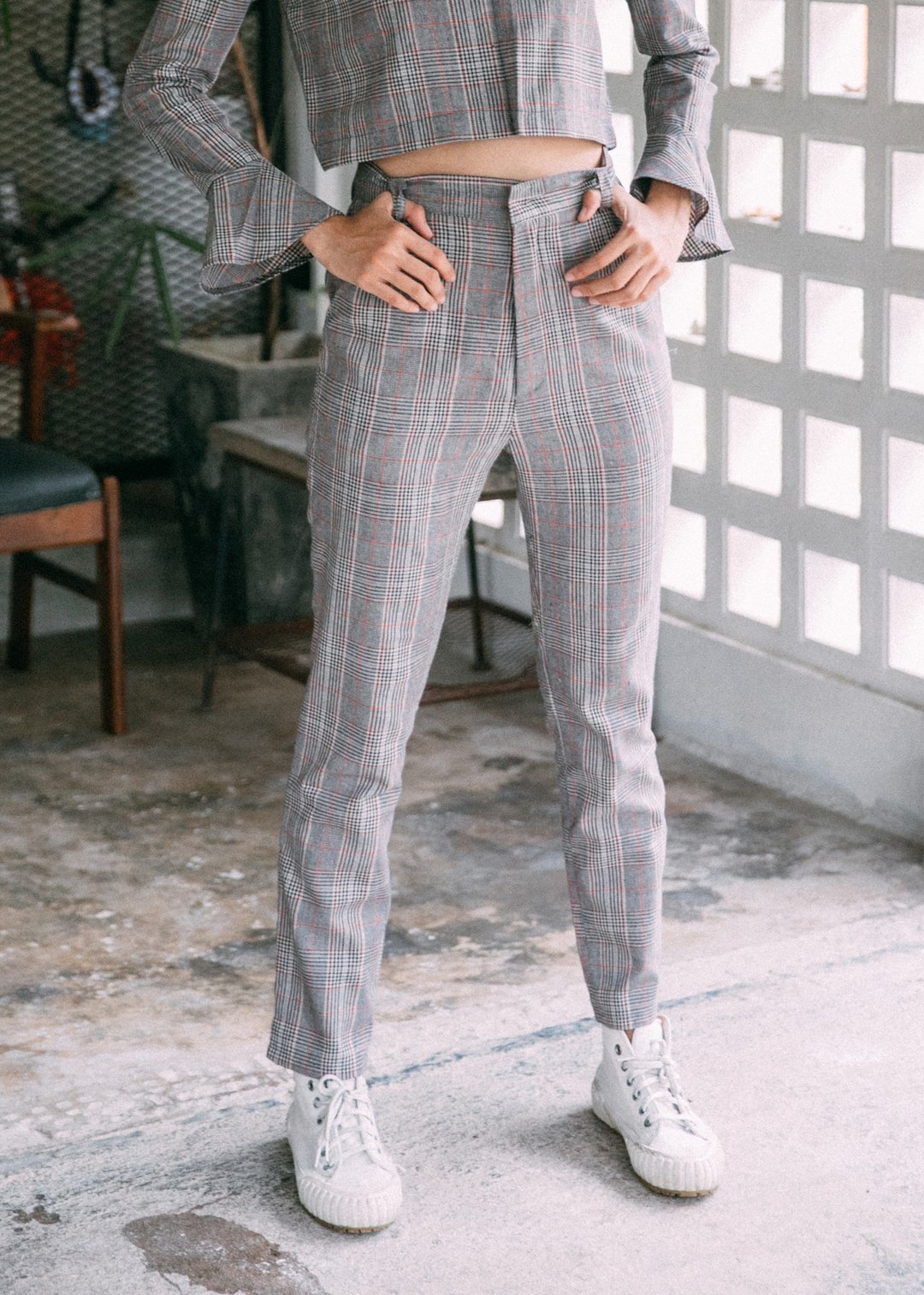 (SIZE M) WARM GREY CHECK PLAID HIGH WAIST PANTS WITH POCKETS - 女装长裤 - 其他材质 灰色