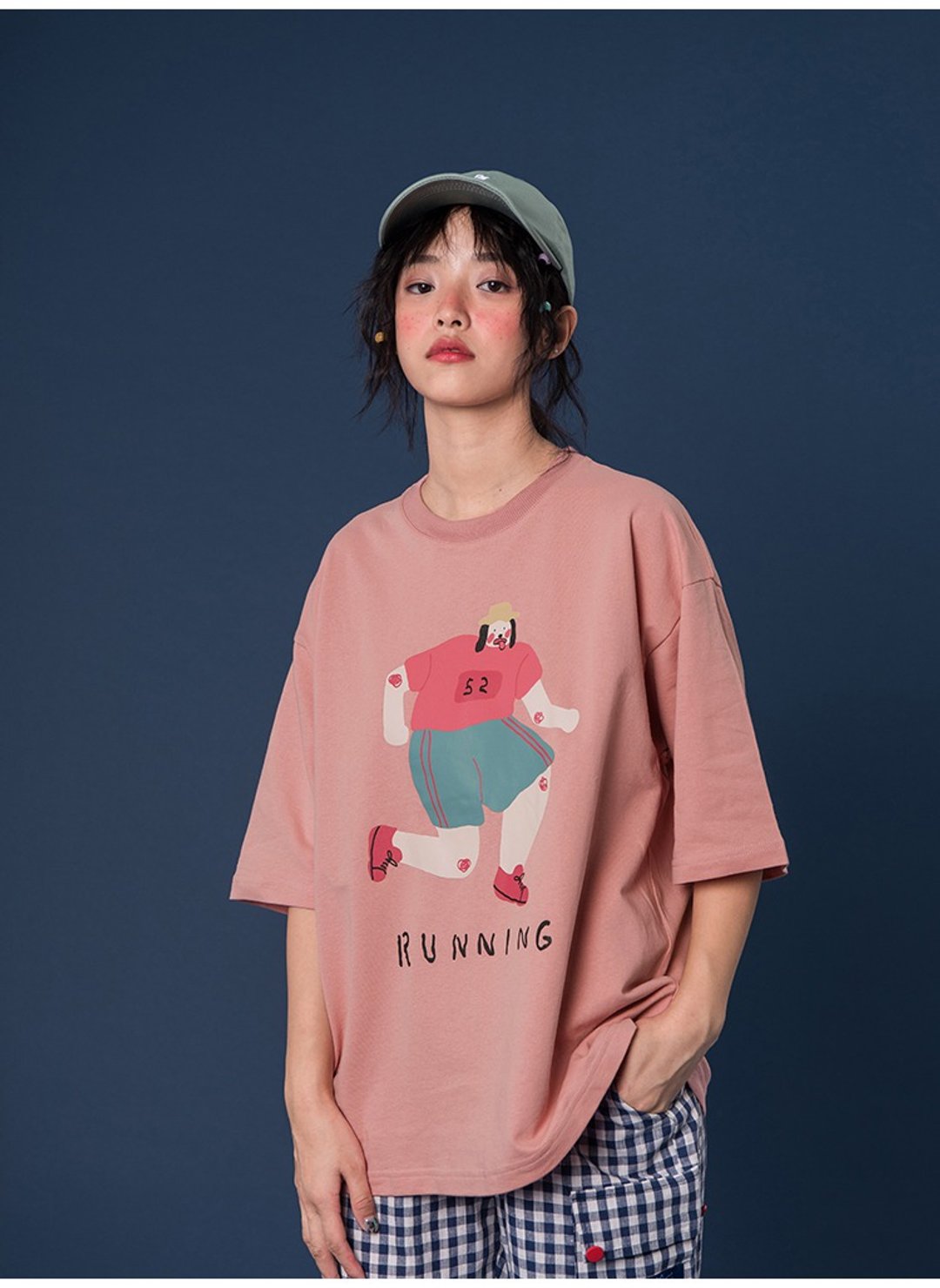 odd maker running圆领粉色短袖t恤女宽松日系复古上衣Tee - 女装 T 恤 - 棉 