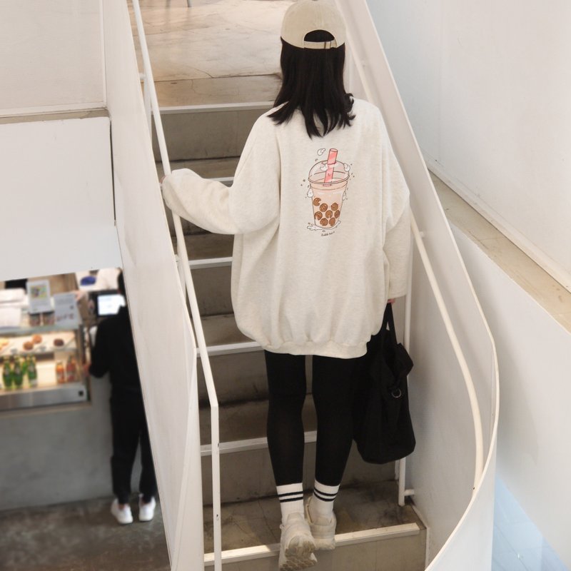 麻糬兔珍奶小笼包-双面设计刷毛Oversize大学T(麻白) - 中性连帽卫衣/T 恤 - 棉．麻 白色