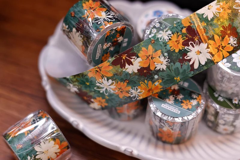 青墨  轻复古盐系小花百搭打底和纸手帐胶带 - 纸胶带 - 纸 卡其色