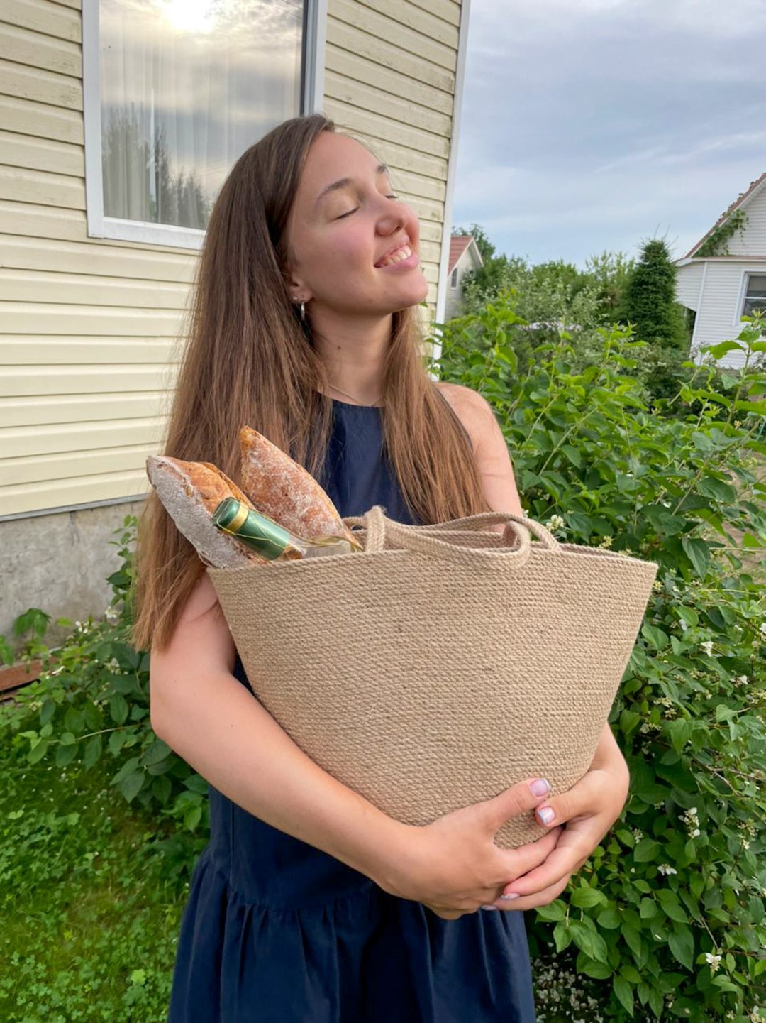 French Basket , Natural jute shoulder bag , Woven bag , Wicker jute bag , French - 手提包/手提袋 - 棉 卡其色