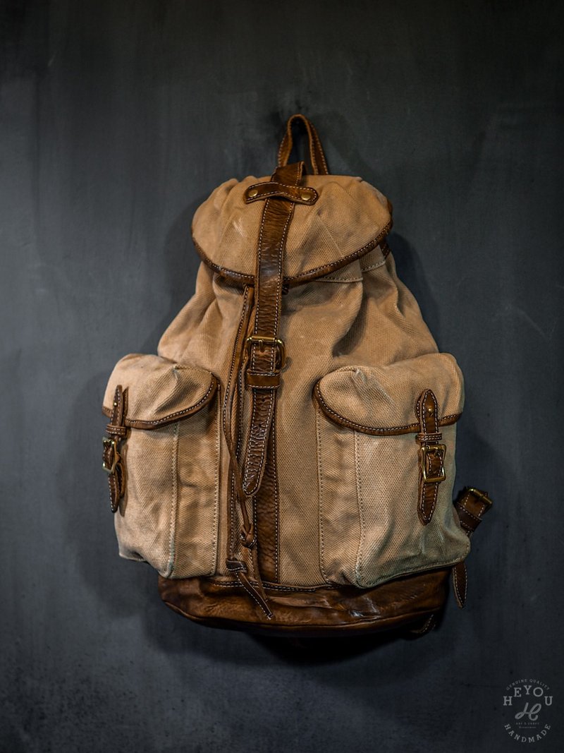 Distressed Canvas Leather Backpack 复古后背包- 卡其深咖 - 后背包/双肩包 - 其他材质 多色